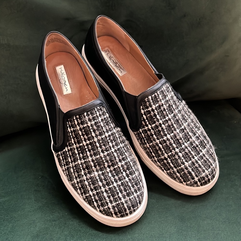 Halogen Leather & Tweed Slip-on Sneakers Womens 9.5, Fall Winter Plaid